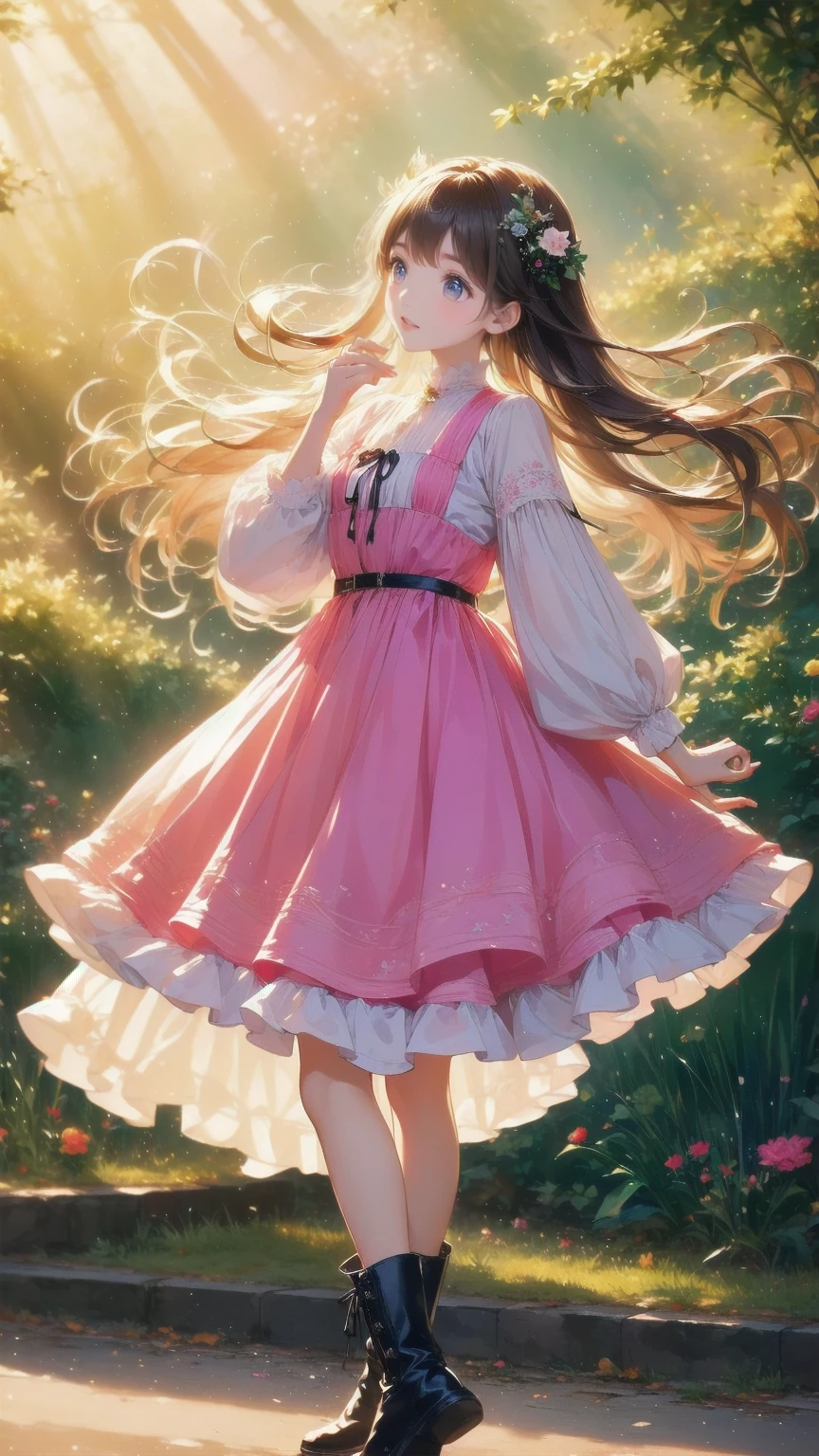 、 beautiful girl、とてもcute天使、 pink gothic dress 、cute、baby face、smile、 long skirt、 black long boots 、
