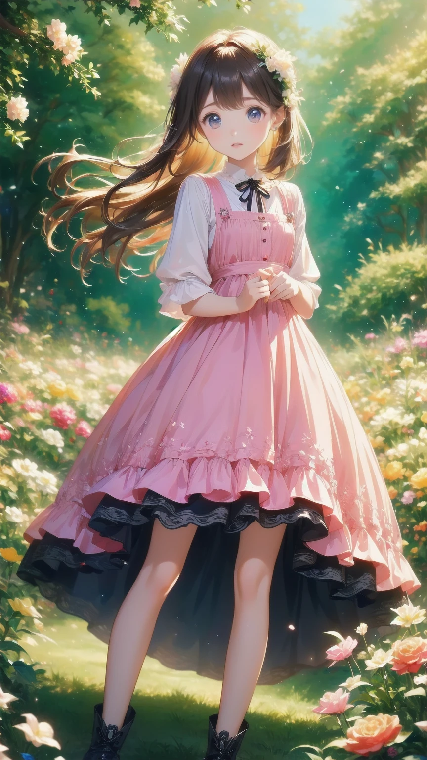 、 beautiful girl、とてもcute天使、 pink gothic dress 、cute、baby face、smile、 long skirt、 black long boots 、
