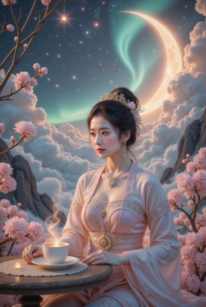 masterpiece 32K RAW 照片，Best quality,  extremely detailed and intricate .  dynamic angle,aurora， constellation，Crescent Moon，earth \(Planet\)，full moon，galaxy，light particles，milky way，night，night sky，Planet，shooting star，sky，space，starry background，starry sky， wonderland，cloud，Hyper-realistic 8k CG, Flawless, Clean, masterpiece, Professional art , Famous Paintings,  movie lights, Movie Halo ,,exist&,1 Girl, teapot, Jewelry, bird, earrings, Hair Bun, Sitting,  unique , table,  dark hair , Tree, skirt, single Hair Bun, teacup, chair, cup,,((masterpiece)), ridiculous results , Ao Dai,