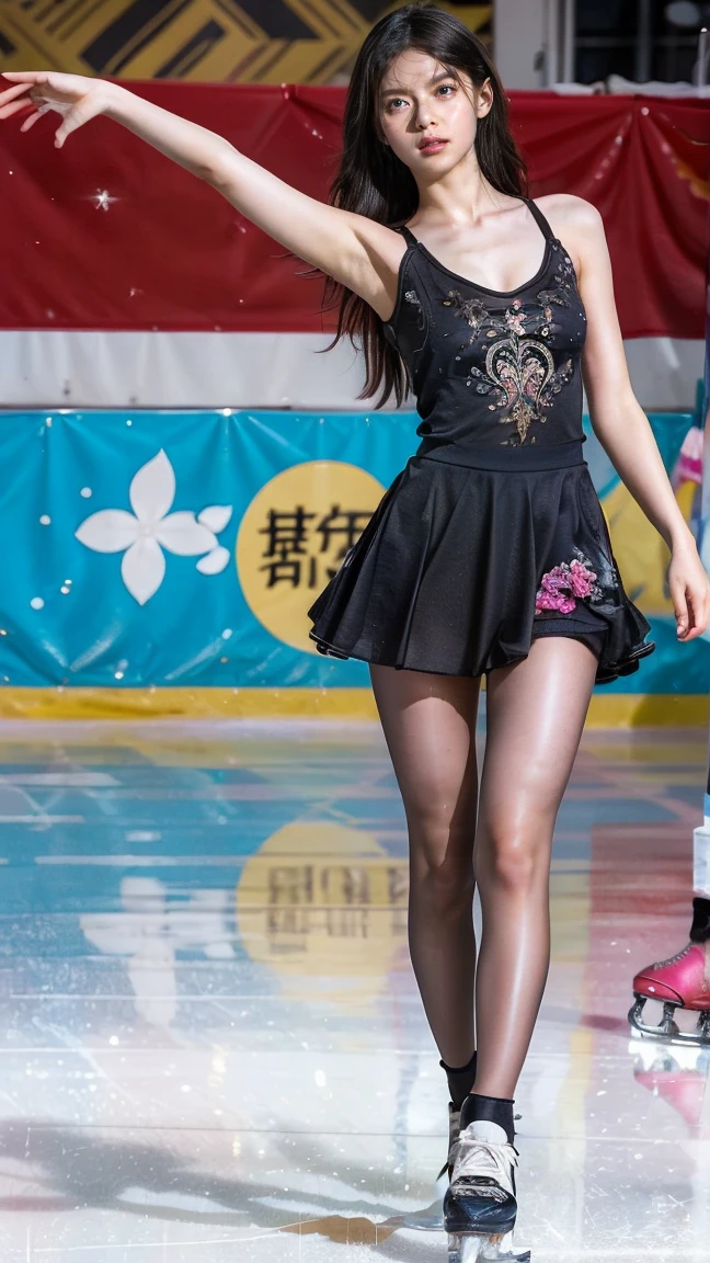 (8k, best quality:1.3, extremely detailed:1.2, perfect anatomy, beautiful japanese woman, 18 years old, healthy thighs, beautiful legs, beautiful skin, random hair color, random hairstyle, large breasts, female figure skater, figure skating outfit:1.3, miniskirt:1.3, full body shot, skate shoes, skating rink)