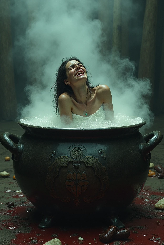 Girl with big breasts being cooked in a cauldron (on top of a fire) full of soup (realisitic)