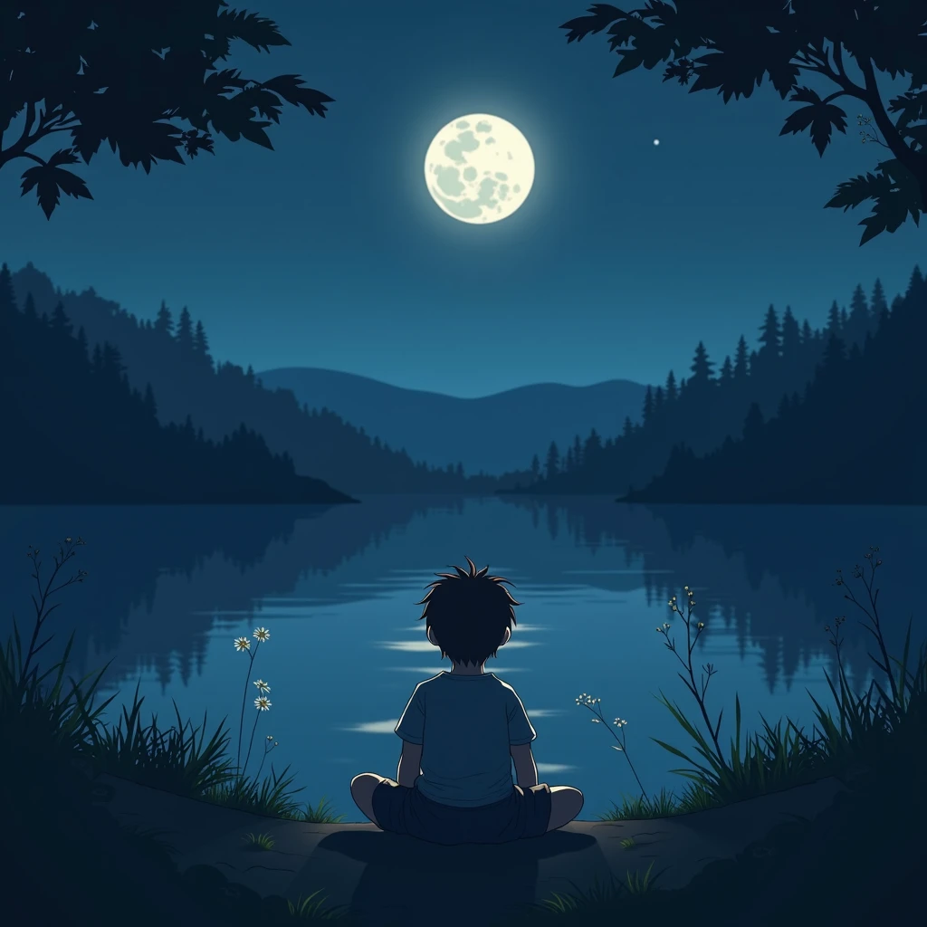 Alone boy sitting in the river in night time seeing moon