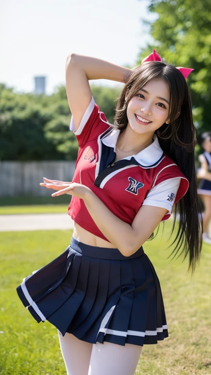 (In 8K,  ultra high resolution,   best quality, masterpiece:1.1),(:1.1)、In 8K、  A Japanese Girl's Life 々Shiny RAW Portrait 、 Photographically、 ultra high resolution、top-quality、  High School Girls  、(Cheerleading Club、  cheerleader uniform torn、  Flash Shot Showing Underarms 、  toned body  、 Mini Skirt Swaying in the Wind 、(    black hair long hair、dance、Lively dance、  Beautiful Adult Face   :1.2)、 cute smile and blush 、Espadrilles、High school lawn  、 １６age、Beautiful smile、teeth、