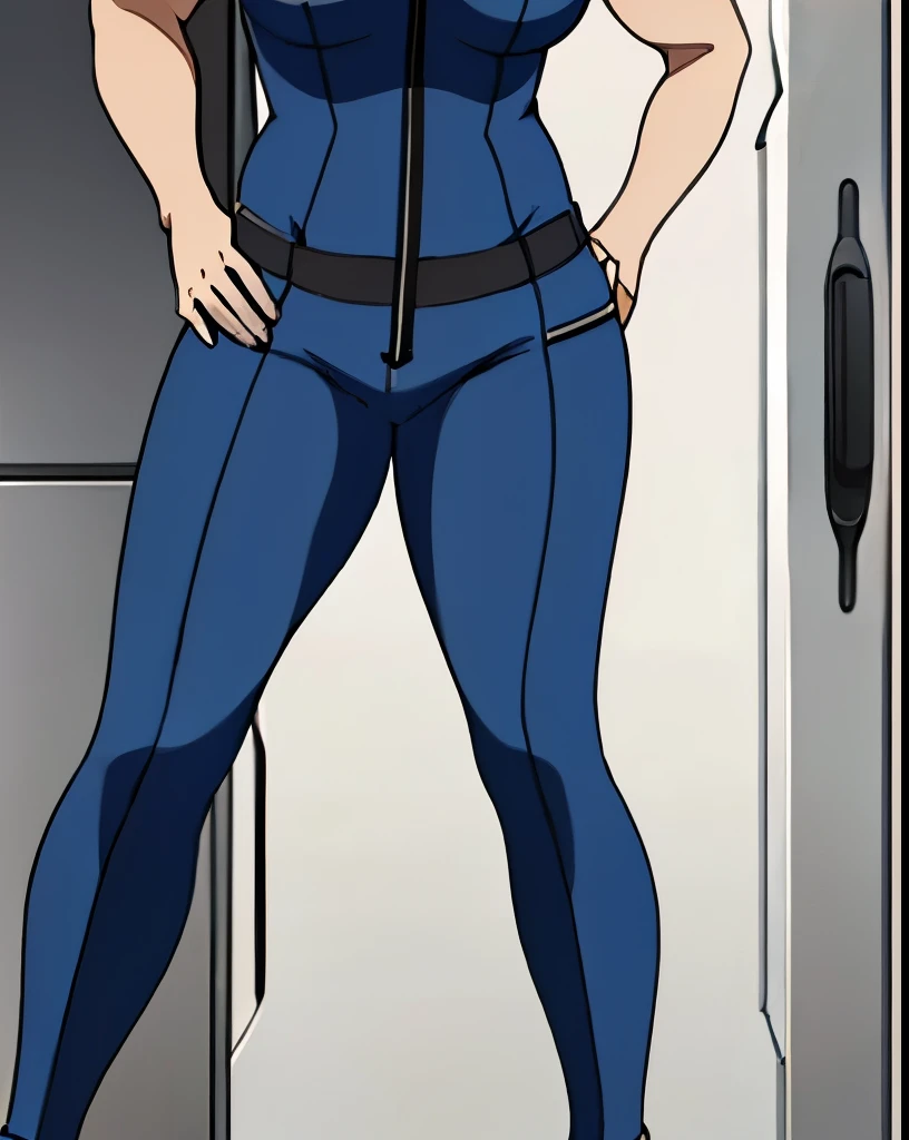 Masterpiece, (anime_source:1.1), bold drawing lines, super details, (perfect proportions), from front, (ultra gorgeous face:1.5), ultra detailed body, (standing by spaceship door), jujustu kaisen anime style, hires, highest definition, slim body, (little biceps:1.2), off-shoulders, closed fists, (blue-blue jumpsuit:1.6), (Blue-black flat shoes:1.6), (nails), smile, (pale skin), (medium-big breasts:1.0), (big amd slim eyes, dark purple eyes), (very long black hair:1.4), (hand on hip;1.7), (abs:1.2)
