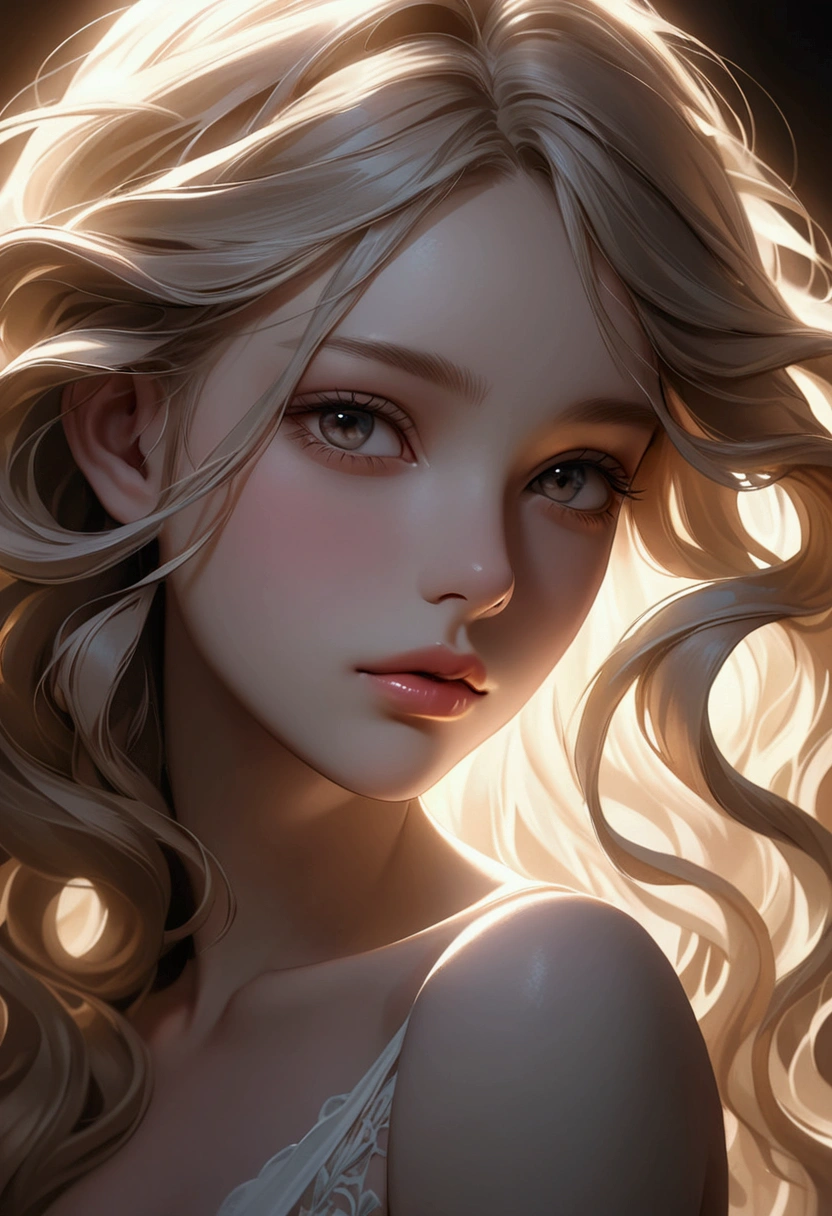 Girl Huge breasts,Perfect facial features,Blonde midpoint,Long curly hair,Long hair and waist,dishevled hair,finely quality eyes,Dental lips,Good figure,Beautiful curves,Delicate facial features,Close-up of facial features