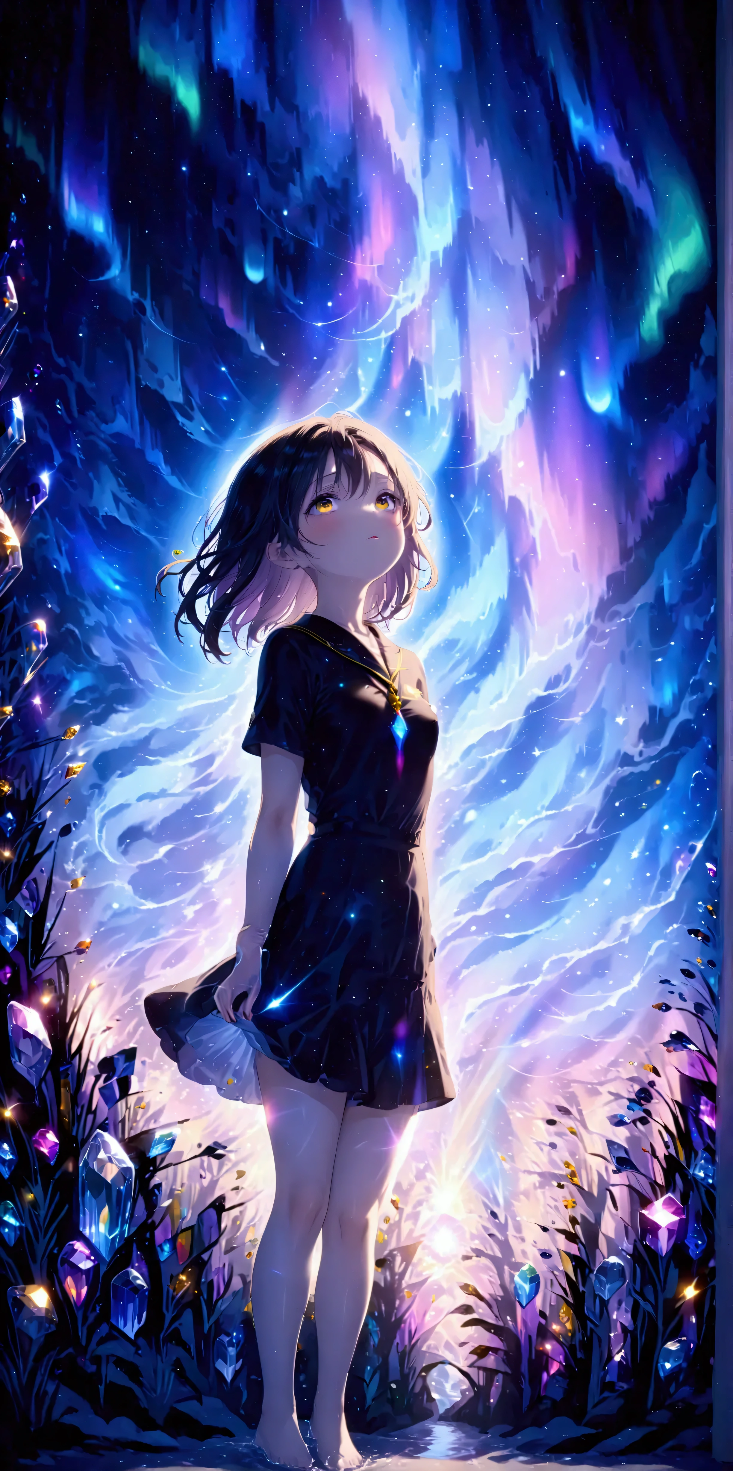 1girl\(cute,student,teenager, JK, hair\(short,silver,floating\), cosmic colored eyes, black color uniform of school, pale skin, tired face with no shine in the eyes,(looking up:1.3) sky\) , (crystal clear beautiful aurora:1.6) in night sky, puddles at ground aurora reflecting beautifully, summery colorful flowers blooming everywhere, flowing trace of wind shining, there is the moon and stars in the sky,(from below),many sparkles in sky. BREAK .quality\(8k,wallpaper of extremely detailed CG unit, ​masterpiece,hight resolution,top-quality,top-quality real texture skin,hyper realisitic,increase the resolution,RAW photos,best qualtiy,highly detailed,the wallpaper,cinematic lighting,ray trace,golden ratio\)