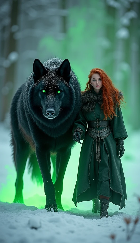 "Create an image of a beautiful red-haired woman walking alongside a huge black wolf with long fur. Glowing green eyes. The huge wolf is outlined in neon green and surrounded by a glowing green light, resembling glowing spirits. The woman wears a Viking princess outfit made of all-white wolf fur, with intricate, hyper-detailed textures and realistic flow and sound. The environment is heavily snowing. The huge wolf exudes power and strength. I want them to look at me. virtual, ultra-HD: 0.9) (cinematic atmosphere, dynamic lighting: 0.85) (natural light highlighting their form and clothing: 0.75) (constant diffusion for smooth, realistic movement: 0.85) (8k resolution, HDR, intricate details in the environment, their clothing and their glowing presence: 0.9) (They both exude strength and confidence, creating a powerful and ethereal scene: 0.85)."