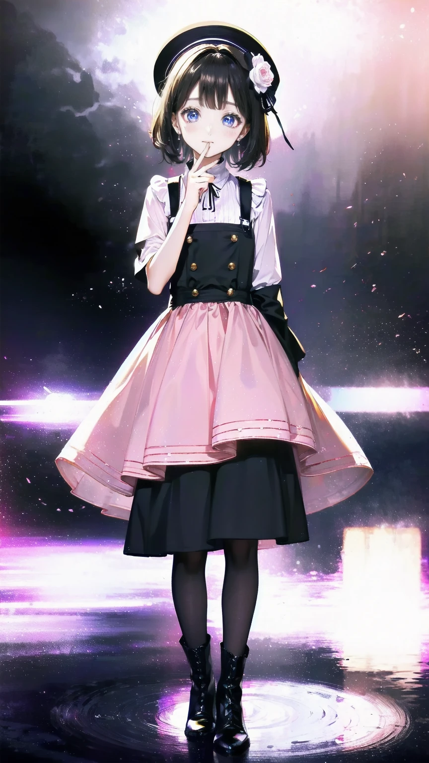 、 beautiful girl、とてもcute天使、 pink gothic dress 、cute、baby face、smile、 long skirt、 black long boots 、
