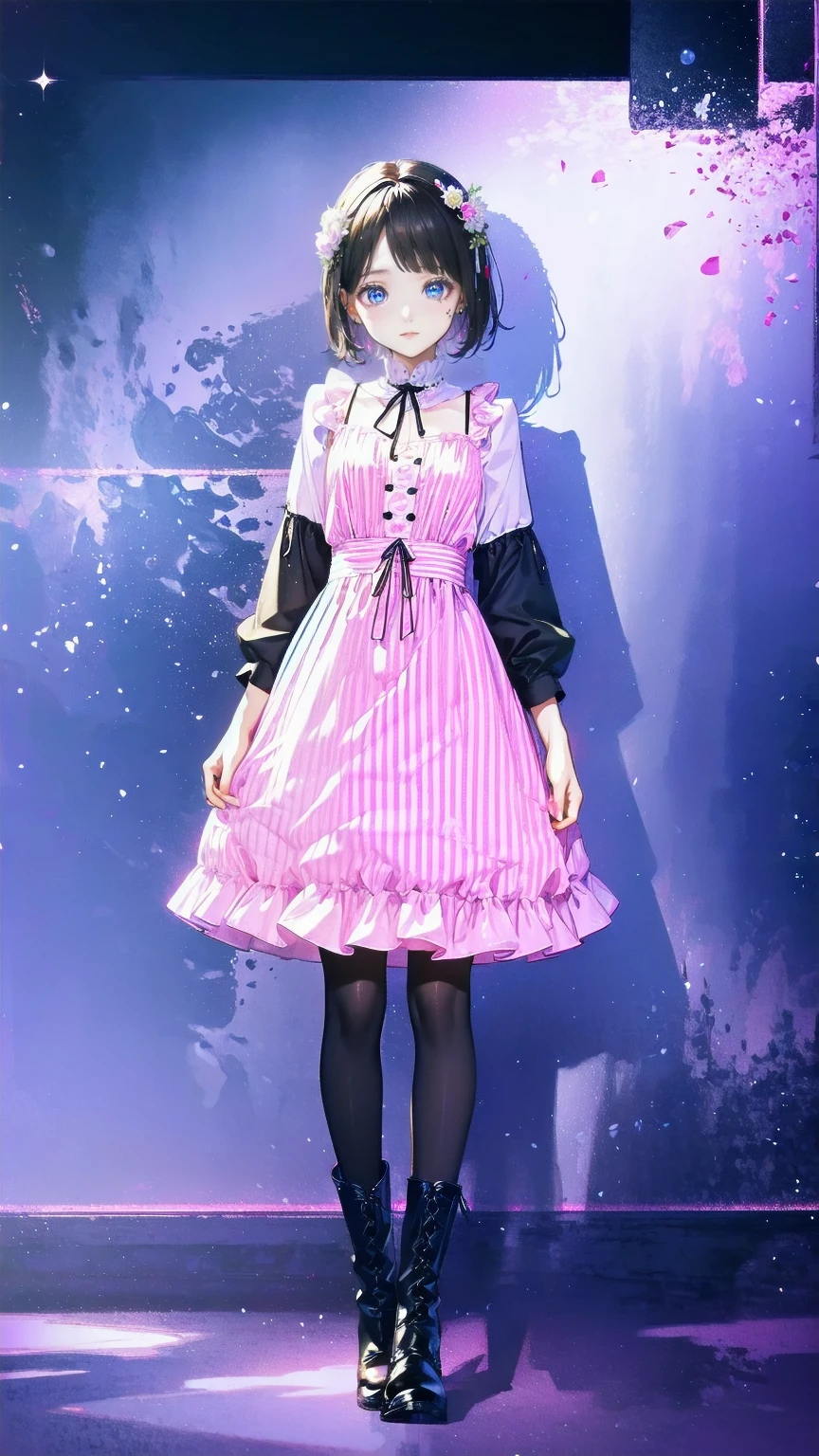 、 beautiful girl、とてもcute天使、 pink gothic dress 、cute、baby face、smile、 long skirt、 black long boots 、
