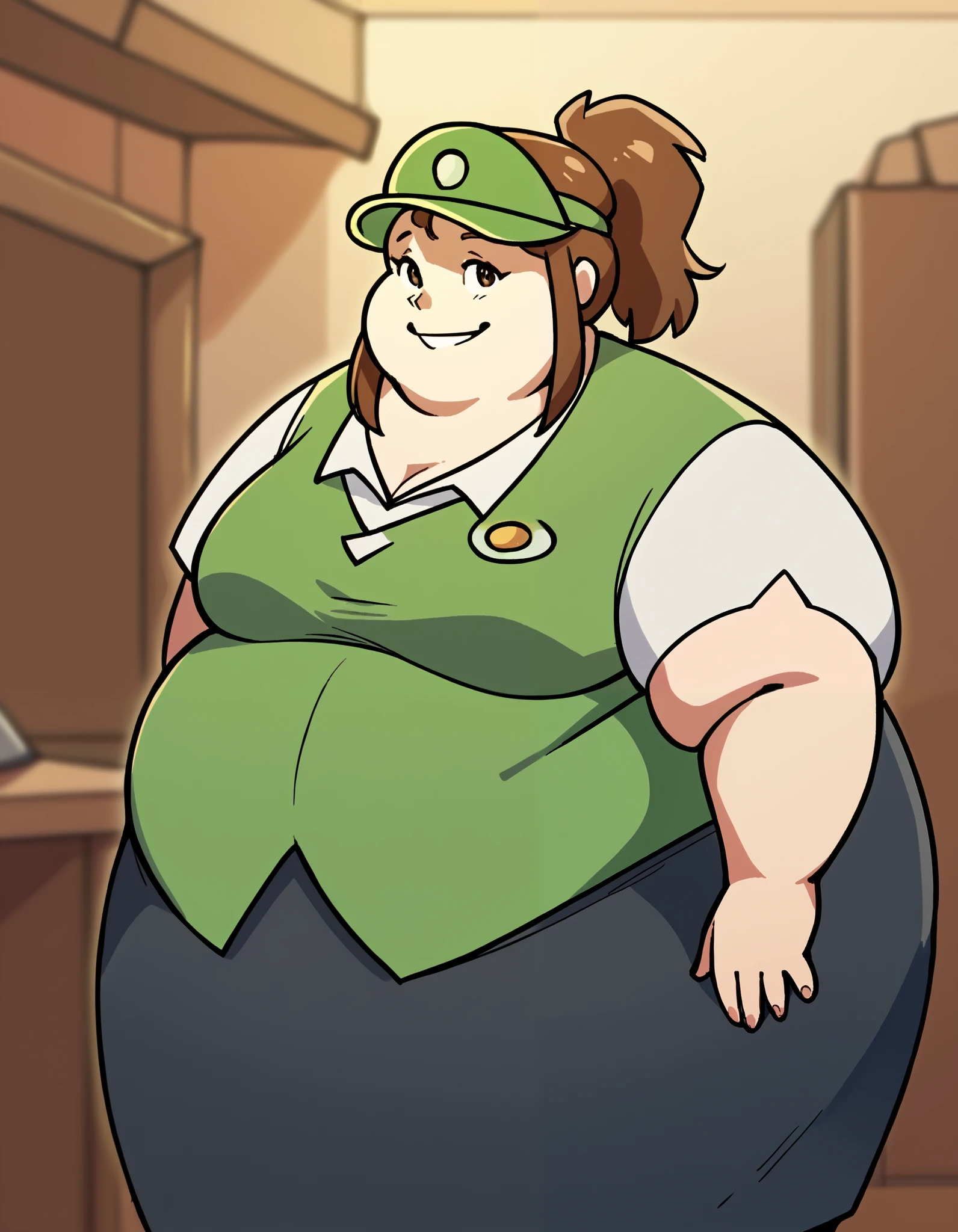 score_9, score_8_up, score_7_up, source_anime,
baristaeli, eli, brown hair, brown eyes, ponytail, sidelocks,
skirt, shirt, hat, white shirt, short sleeves, vest, green headwear, visor cap, green vest,
indoors, smile,
cowboy shot, looking at viewer, solo, fat, chubb, obese,