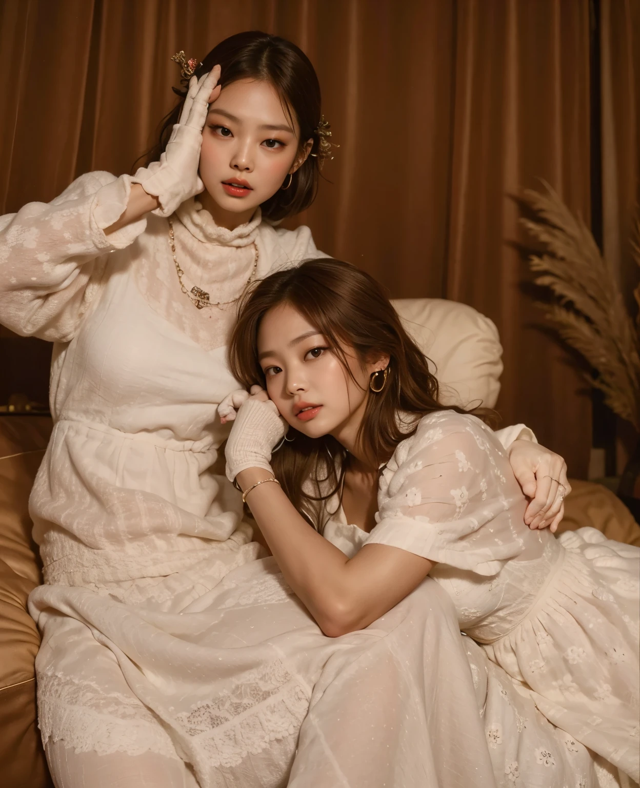 (high resolution, ultra-detailed, photorealistic), ((half body:1.4)) photo of sjang and her identical twin, standing, hugging, kissing, realistic faces, intense gaze, long eyelashes, beautiful lips, (bedroom:1.2), romantic, soft lighting, vibrant colors