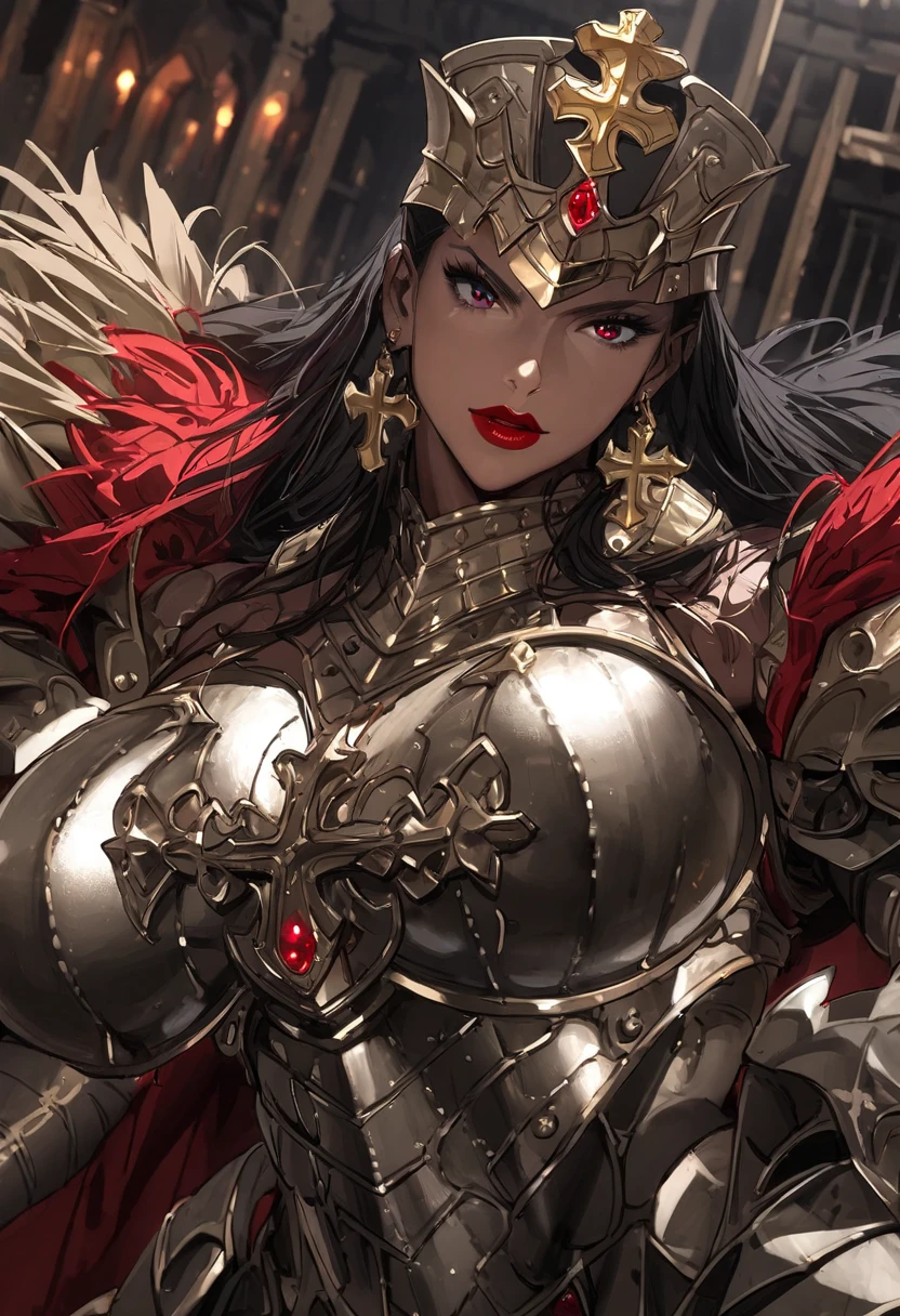 1woman, tall, black hair, red eye, long dress, armored dress, (boobplate), muscular thighs, Toned, ((sagging breast)), huge breast, wide hip, ((breast plate)),  decorative armor, thighs boots, gold trim armor, drill hair, red cape, long hair, red lips, sexy makeup, open stance, muscular, shiny skin, red gem earrings, queen, thighband, gold cross, bangs, stall, metallic, black bunny suit, bikini armor, metal bra, dungeon background,