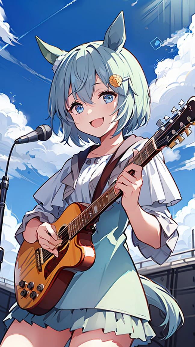 masterpiece,  best quality,  high definition ,  Very detailed,(((Seiun Sky))), (((Horse Girl))), (((Playing guitar))), (((smile))), ((( on stage))), (((blue sky))), (((Stand microphone))), (((Daytime)))