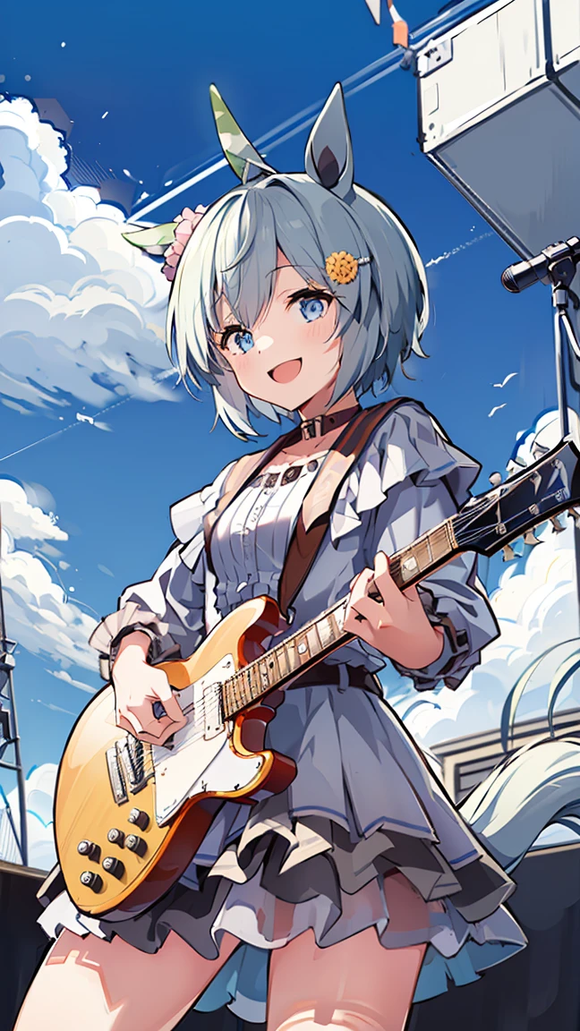 masterpiece,  best quality,  high definition ,  Very detailed,(((Seiun Sky))), (((Horse Girl))), (((Playing guitar))), (((smile))), ((( on stage))), (((blue sky))), (((Stand microphone))), (((Daytime)))