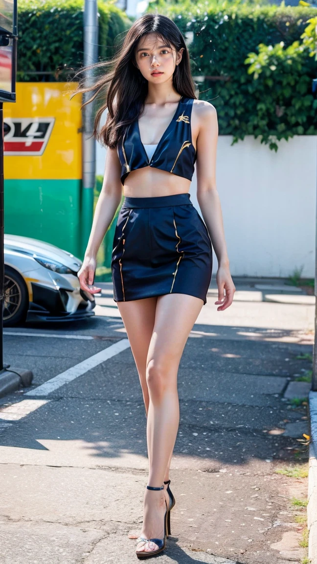 (realistic), (intricate details:1.2), (masterpiece、:1.3), (top quality:1.4), (Ultra A high resolution:1.2), Ultra A high resolution, 8K resolution, very detailed expression, (high quality), complete anatomy, natural anatomy, full body photo, 1 Girl among the crowd, She is Racing model who takes sexy poses with Car racers, 21 years old, (racing model :1.5), (korean:1.8), (beautiful : 1.4), (Shiny blonde banging), (big earrings), heavy makeup, Confusing wording, choker necklace, long legs, (she weared slim and colorful racing model uniform. : 1.6), (sleeveless crop top: 1.4), (mini skirt), (A pair of high heels covering her feet : 1.2), (flesh colored shiny pantyhose), glowing skin, standing, using a parasol, dinamic pose with The men who love her ,(She is being sexually harassed by men : 1.5), (The men grabbed her thighs.), caress, fondle, car festival, raicing ground, (detailed background:1.2),She has enjoy with several Korean men : 1.4), (a happy expression : 1.3), (Formula 1 World Championship : 1.7), (crowd : 1.7)
