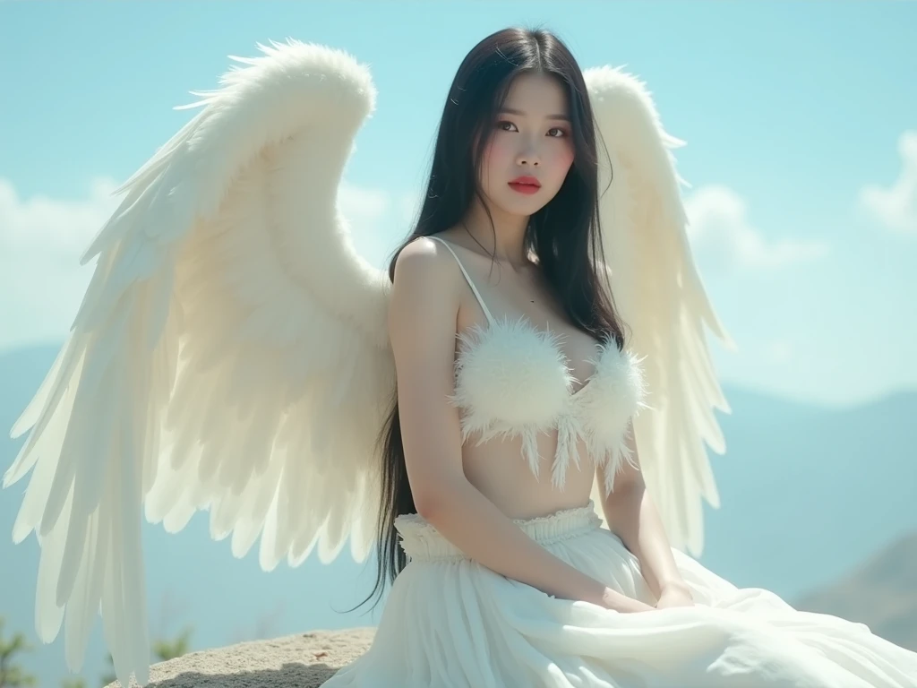 Dressed up with winged cute angel, wearing a beautiful garland on the head, symmetrical white feather material simulation of huge wings, exquisite details, portraits, breasts, outdoors, ancient buildings, tall stone pillars, stone railings, a 25-year-old woman named TaiXia in the ancient castle: 2, eyes looking at the camera, sideways to the camera, natural expression, posture not stiff, curly wavy long hair, white dress long dress, the same character, various poses, different angles, rich skin details: 1.5,