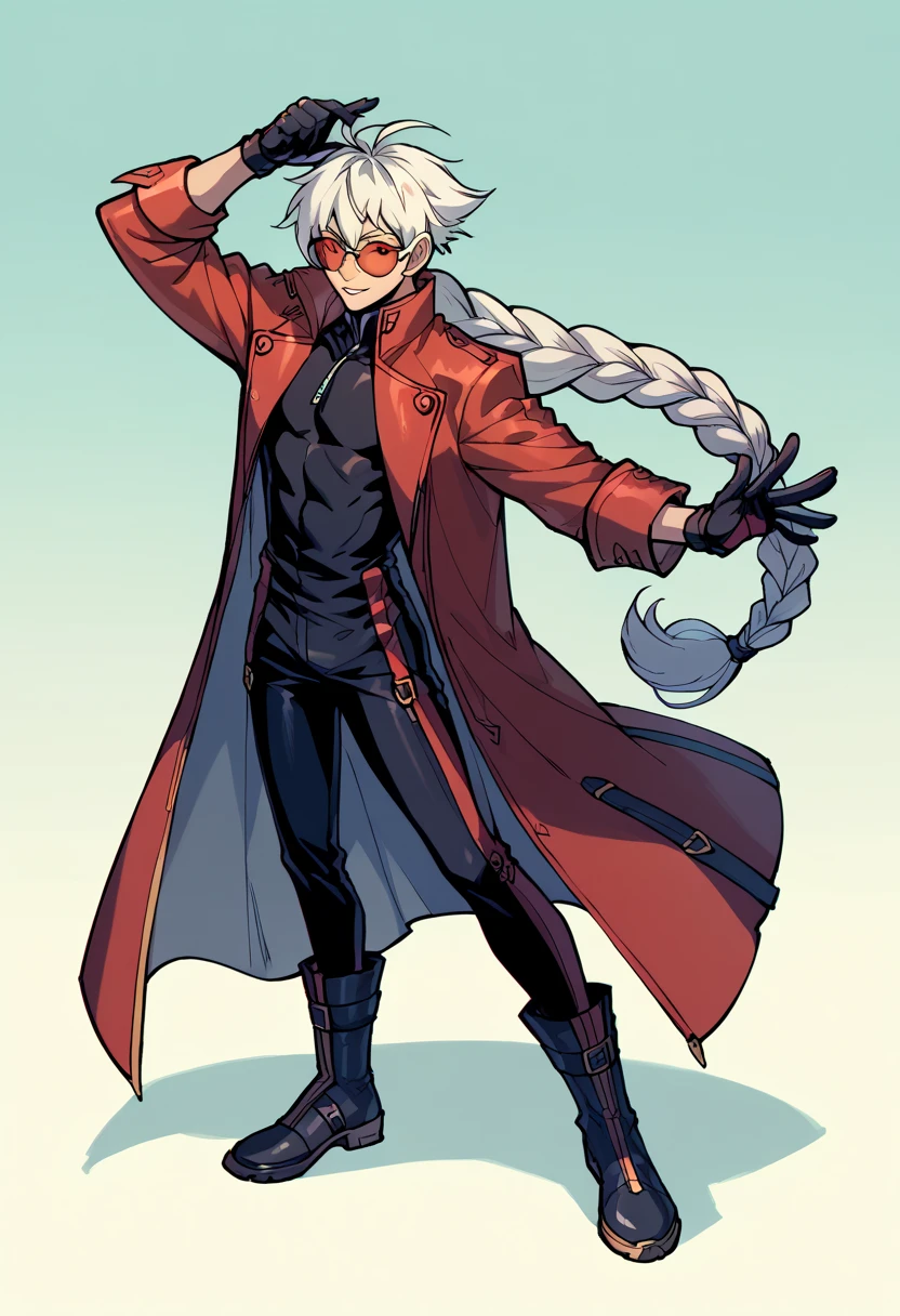 Blazblue anime ,((Best Character Design)) ,human Male,((oc)) ,Clear Skin , round Red SunGlasses , white hair,long braided ,zip Red Coat  , Black Gloves  , Black boots , Full body ,pose , Black shirt , Black Pants 