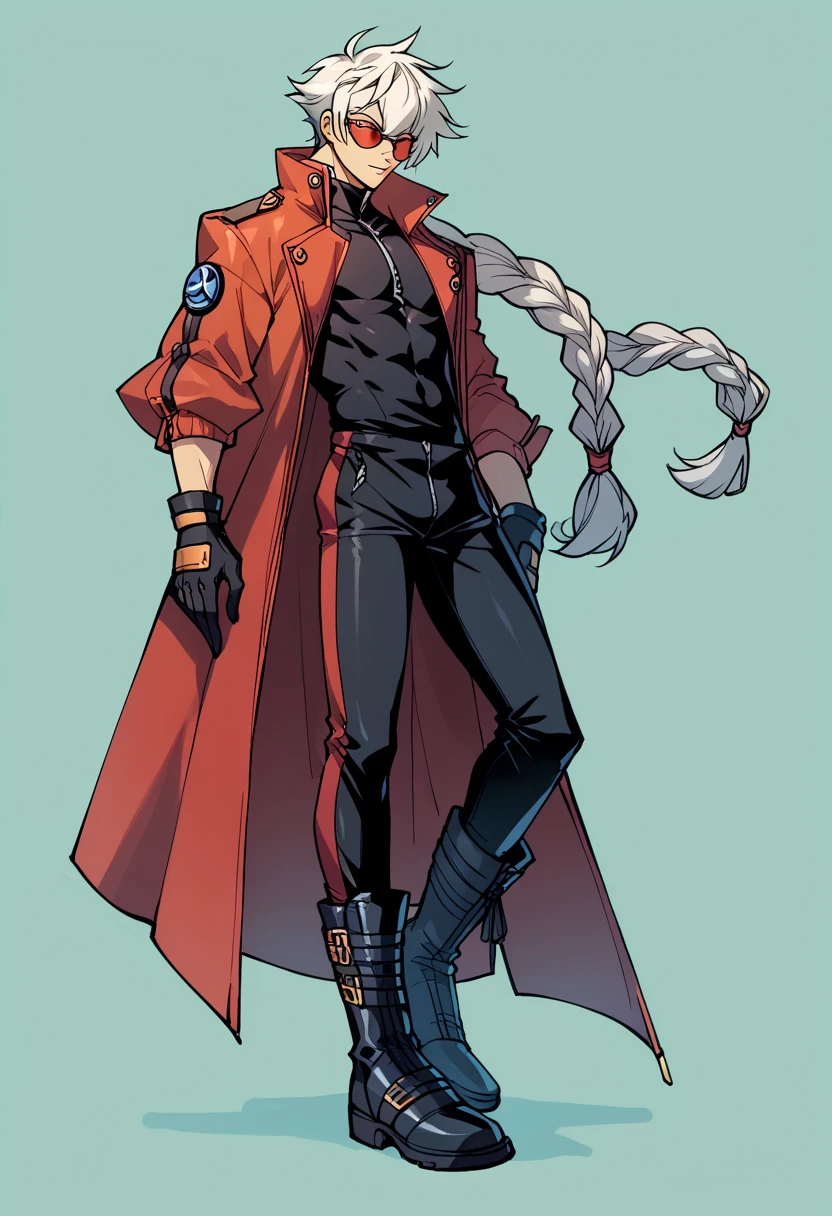 Blazblue anime ,((Best Character Design)) ,human Male,((oc)) ,Clear Skin , round Red SunGlasses , white hair,long braided ,zip Red Coat  , Black Gloves  , Black boots , Full body ,pose , Black shirt , Black Pants 