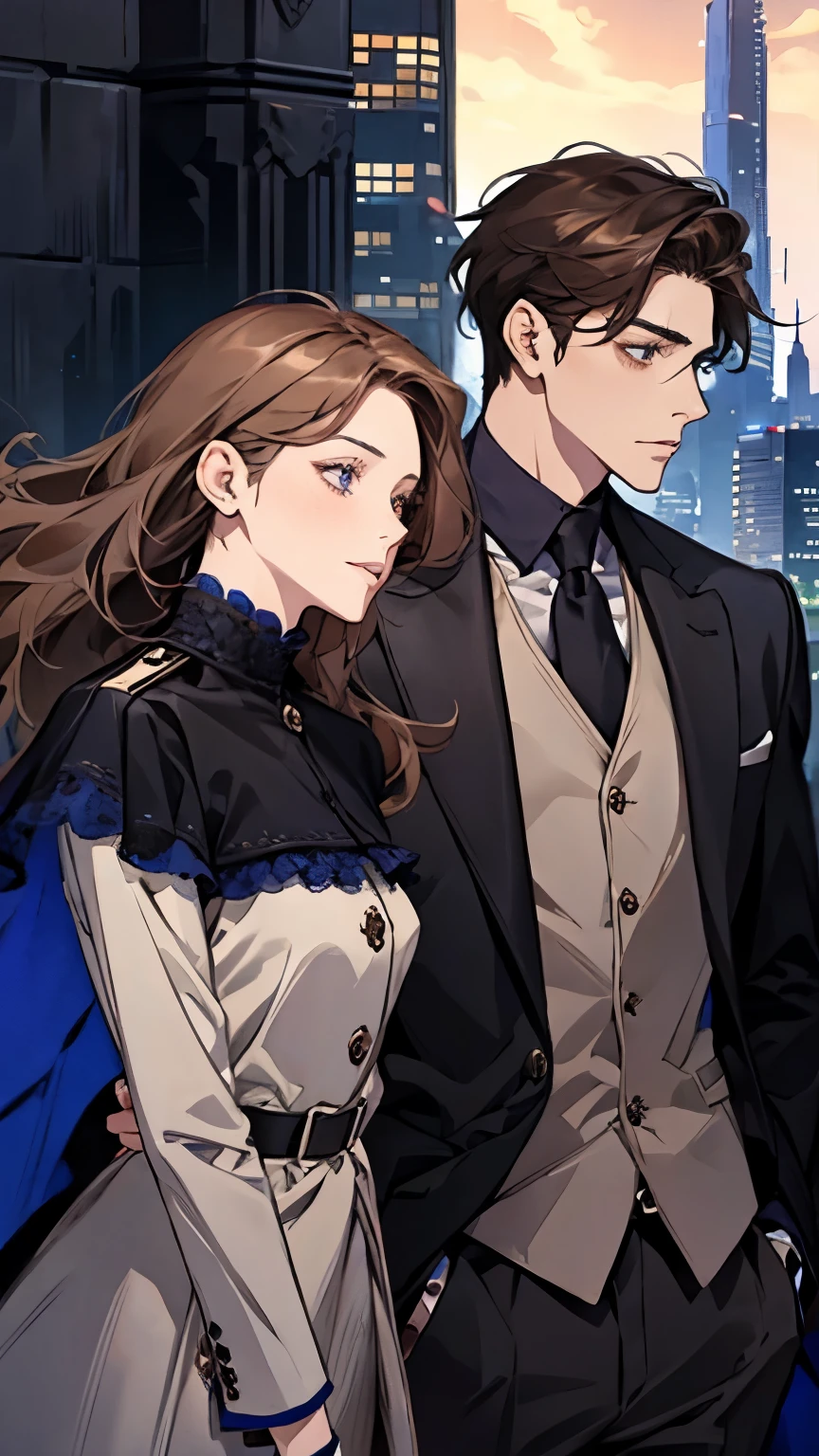 masterpiece, highest quality, 2 him, Group of 2, 1 male and 1 female, mature, adult, Height difference, different fashion, different colors, small eyes and small face, intricate details, Woman in a suit, Man in pilot suit and coat,A man with a dark blue low ponytail,modern cityscape, friend,  brown haired woman, dark blue eyed man, Woman with wavy medium hair