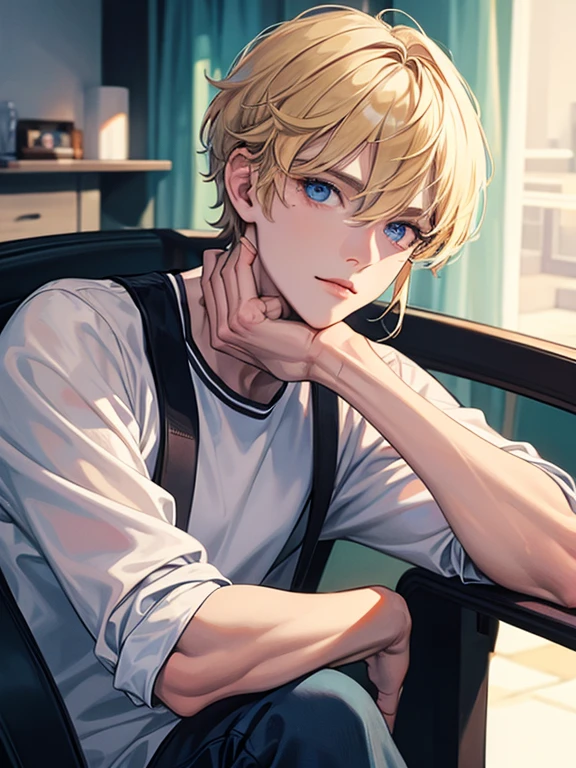 Masterpiece, best quality,((1 Male)),blonde hair,black eyes,black tank top