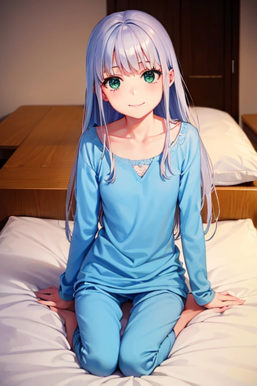  long silver hair,  green eyes,  small, pajamas, smile, happy, beautiful thighs, bedroom, fellatio, paizuri