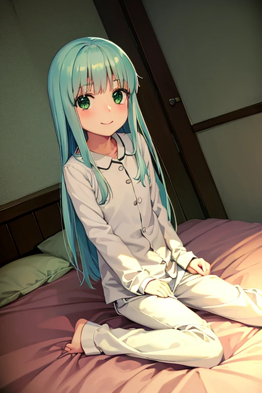  long silver hair,  green eyes,  small, pajamas, smile, happy, beautiful thighs, bedroom, fellatio, paizuri