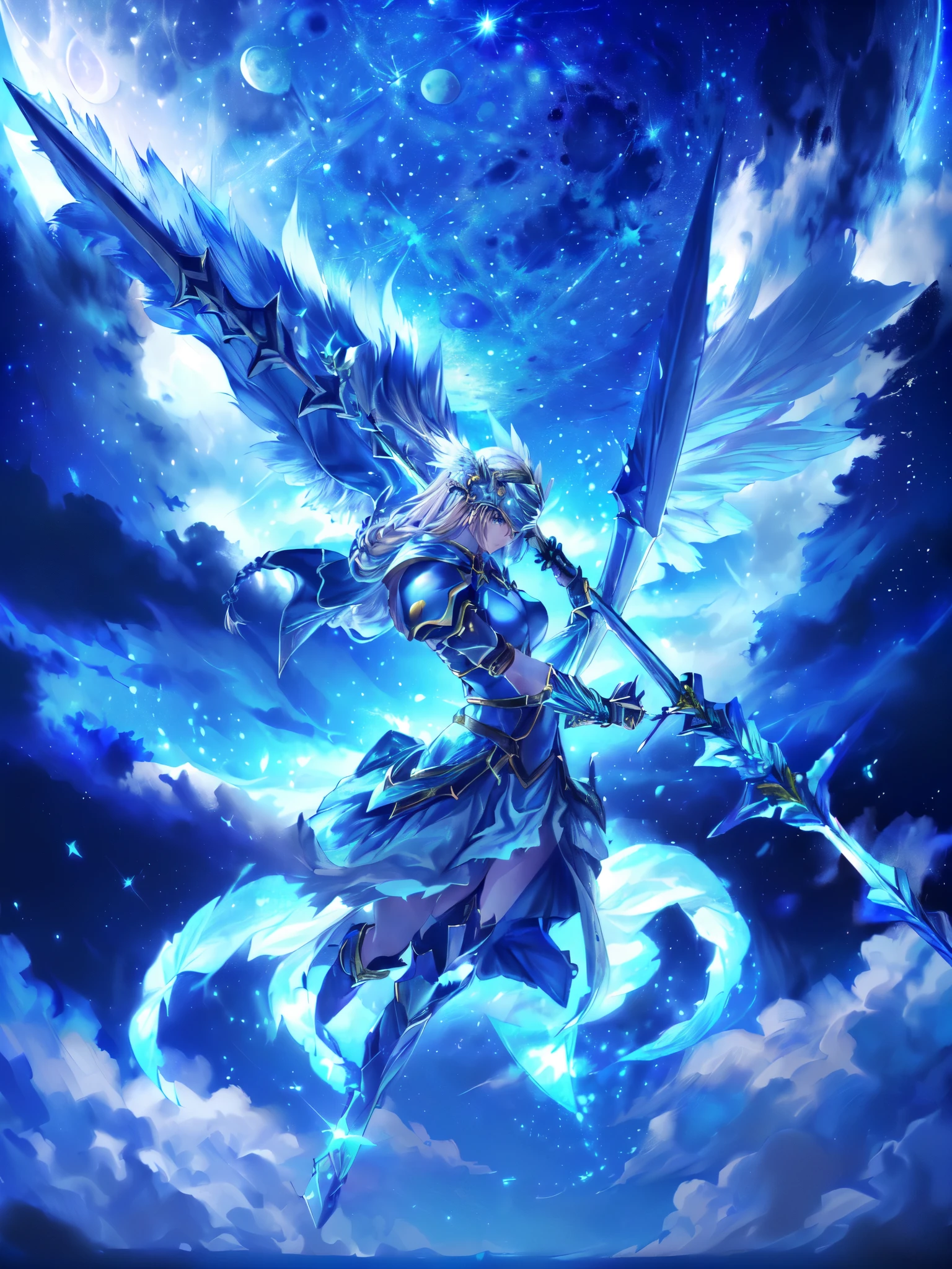 Archangel,  Legendary God Holds a Spear  ,Renesse floats in the sky and throws a spear  (solo：1.5 )，Maxi Kit,  Full Body Shot,break，whole body, score_9,  score_8_Excellent,  score_7_Excellent, A 32K ，( detailed depiction)((Highly detailed CG integration), (( super real , Dynamic action poses with vivid 3D ))，(Realistic) detailed face ，(( dark blue eyes:1.4,  Round Eyes,  Clear Eyes, detailed eyes on board， beautiful lashes)),  hair with dazzling highlights  , braided hair,Grey Hair， beautiful skin ，Shiny blue armor ,Detailed Decorative Blue Armor ,  armored dress , （ silver helmet with red jewels 1.5）,（Blue Armor 1 with No Exposed Skin .3),Blue shoulder brace , Blue Gauntlets, blue lower back armor 、 white skirt, blue shin guard ,blue long boots, The center of the belly is made of leather and color 、Sheath on the left waist , (holding ( Giant Silver Spear  :1.５)),(( dramatic graphic background ： starry sky ，Giant Moon、 beautifully detailed backgrounds ,Moon and star background ,Night Sky)), Pale Moonlight  ,((Two big, Shining Wings:1.3),(flight:1.5) scattered blue feathers、(( best quality)),( ultra high resolution),( super detailed)
