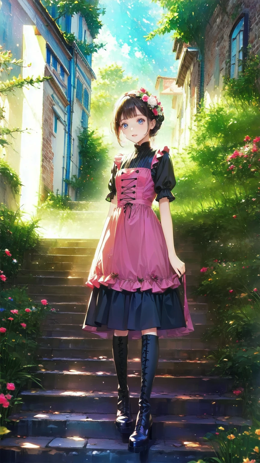 、 beautiful girl、とてもcute天使、 pink gothic dress 、cute、baby face、smile、 long skirt、 black long boots 、
