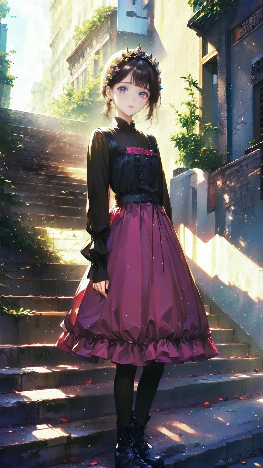 、 beautiful girl、とてもcute天使、 pink gothic dress 、cute、baby face、smile、 long skirt、 black long boots 、
