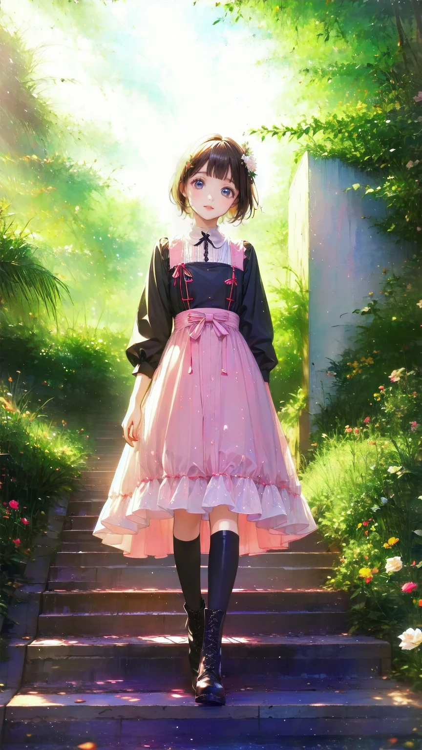 、 beautiful girl、とてもcute天使、 pink gothic dress 、cute、baby face、smile、 long skirt、 black long boots 、
