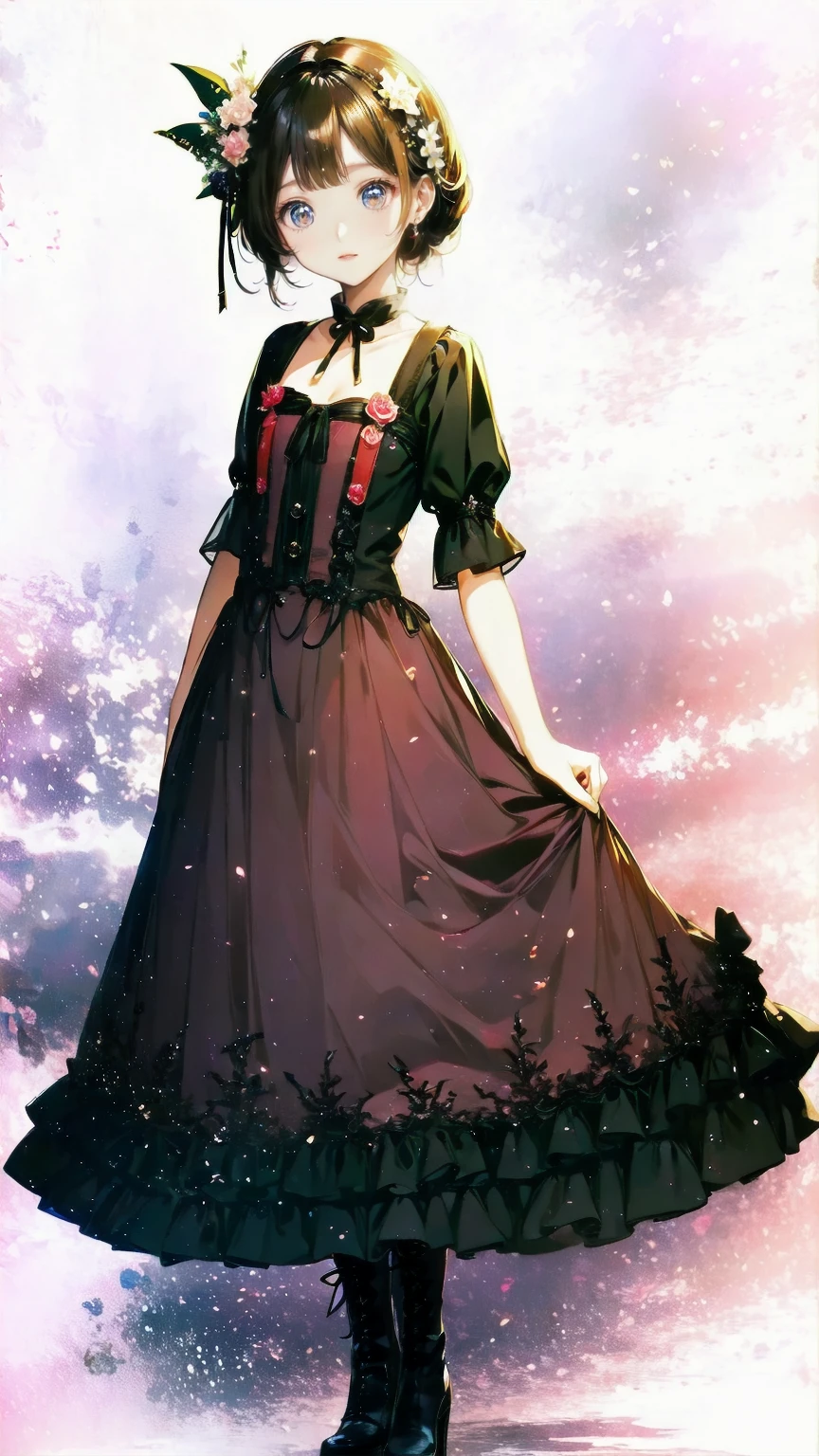 、 beautiful girl、とてもcute天使、 pink gothic dress 、cute、baby face、smile、 long skirt、 black long boots 、
