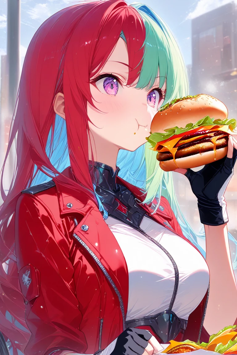 masterpiece,best quality, top quality,high detailed artwork,(aesthetic:1.3),4K UHD,character focus,1girl,solo,long hair,split hair color, two tone hair, blue hair, green hair,eating burger, holding burger, red jacket,fingerless gloves,black and white gloves