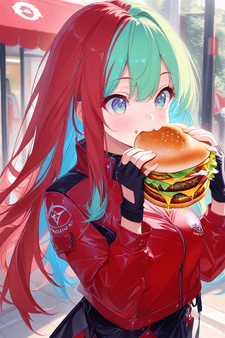 masterpiece,best quality, top quality,high detailed artwork,(aesthetic:1.3),4K UHD,character focus,1girl,solo,long hair,split hair color, two tone hair, blue hair, green hair,eating burger, holding burger, red jacket,fingerless gloves,black and white gloves