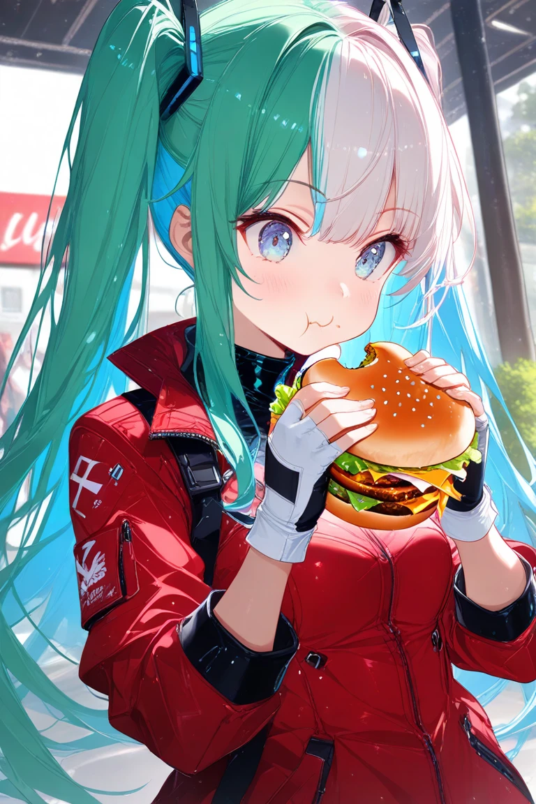 masterpiece,best quality, top quality,high detailed artwork,(aesthetic:1.3),4K UHD,character focus,1girl,solo,long hair,split hair color, two tone hair, blue hair, green hair,eating burger, holding burger, red jacket,fingerless gloves,black and white gloves