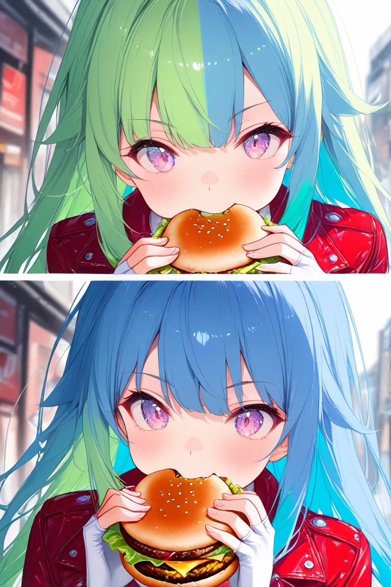 masterpiece,best quality, top quality,high detailed artwork,(aesthetic:1.3),4K UHD,character focus,1girl,solo,long hair,split hair color, two tone hair, blue hair, green hair,eating burger, holding burger, red jacket,fingerless gloves,black and white gloves