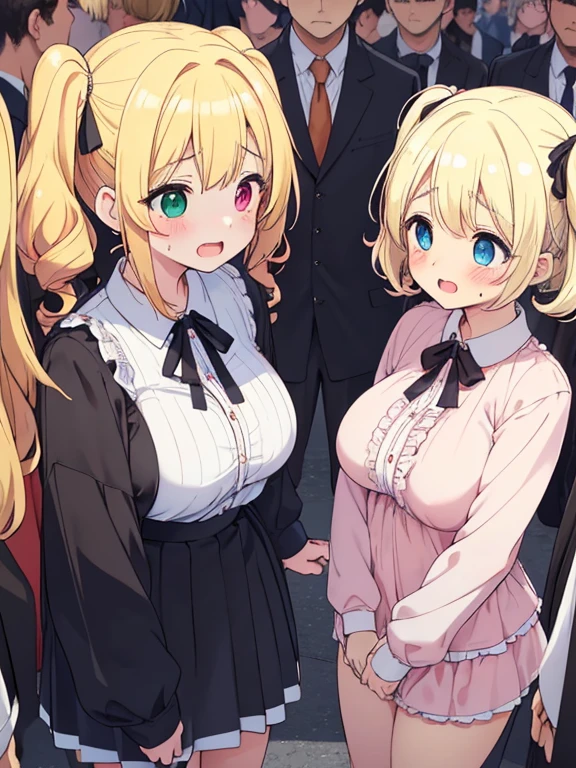 NSFW,(Showing off her nipples)),ahegao,Drooling,((gangbang,3boys)),Highest quality,Masterpiece,RumiaTingel,blonde hair, blue eyes, medium hair, green ribbon, x hair ornament,RumiaSchool, choker, red ribbon, white shirt, crop top, garter straps, white skirt, blue thighhighs, buttons, short sleeves, asymmetrical clothes,Simple Background