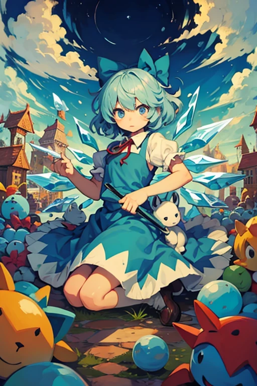 Cirno is surrounded by many stuffed horses