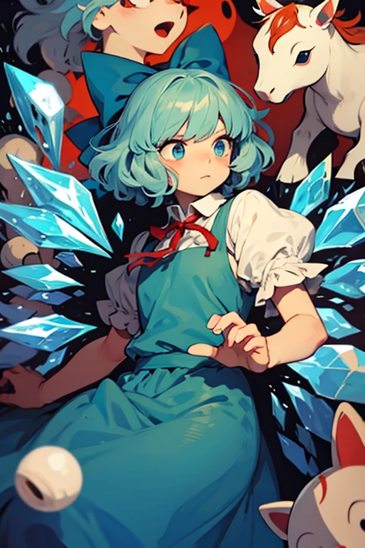 Cirno is surrounded by many stuffed horses