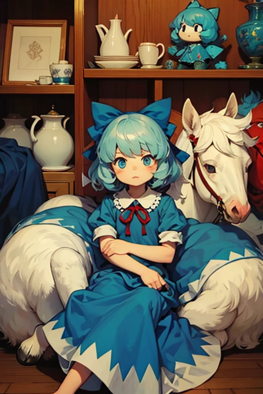 Cirno is surrounded by many stuffed horses