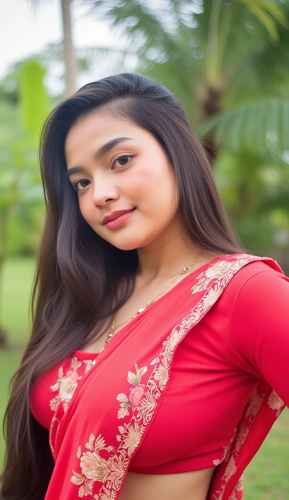 ((RAW, analog style)),((full body view)), face, extremely detailed full body color photo of a 25 y.o girl, beautiful face, beautiful eyes, ((small nose)), big natural lips, ((saree)), small breasts, slim body, outdoor, trees, ((film grain, skin details, high detailed skin texture, 8k hdr, dslr)), indian female model divya bharti, dark red lips, dark red lips, black color shorts, 