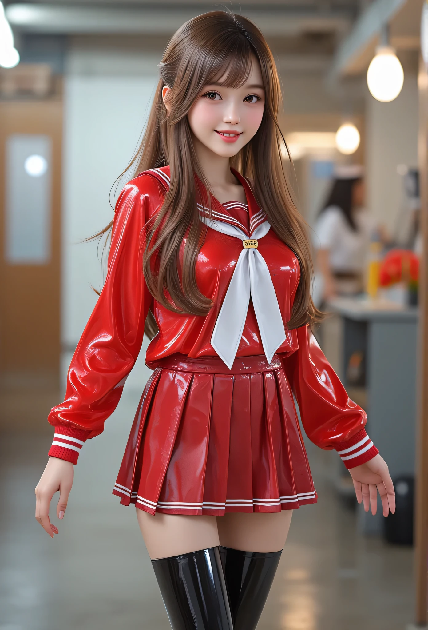 (super cute young face:1.1),(clear very attractive large glowing eyes:1.1), (japanese idol face:1.3),very beautiful cute girl,(baby face:1.2),exquisite smooth and silky long brown straight hair,fair skin,(happy cheerful smile),professional photograph , (sailor high school uniforms :1.3),(super shiny colored costume),shiny black pantyhose ,(body shot:1.3)