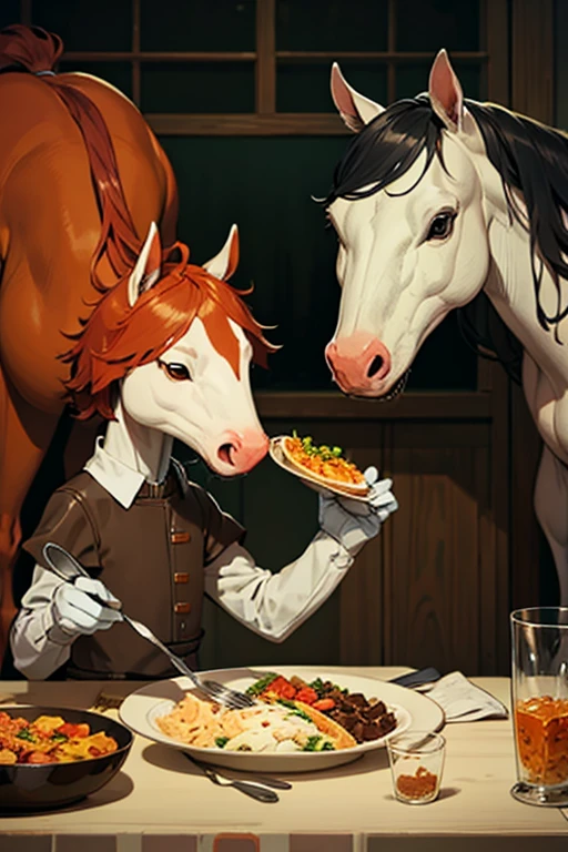 anthro male horses having a meal, stilage