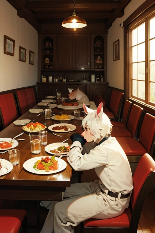 anthro male horses having a meal, stilage