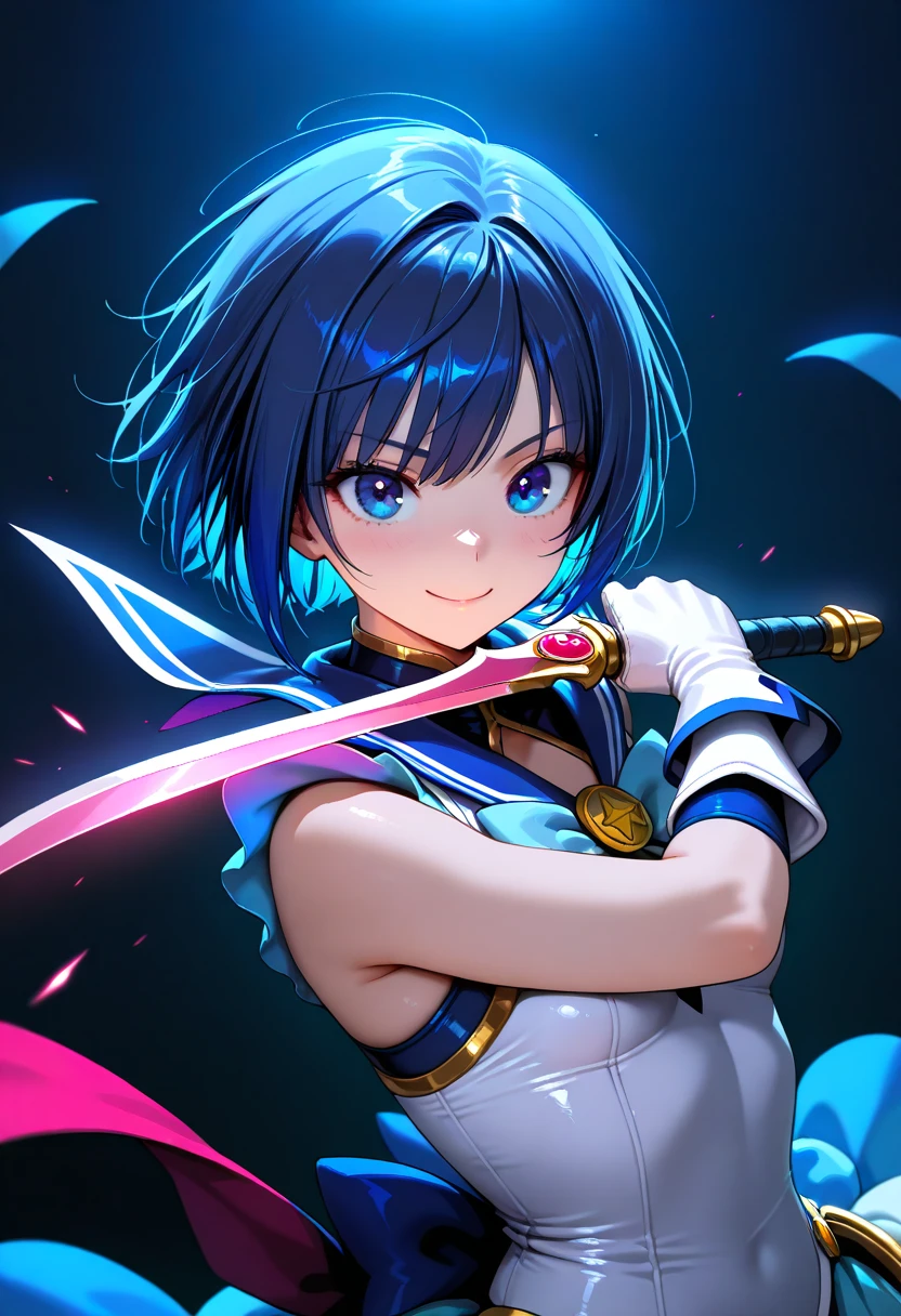 masterpiece, best quality, very aesthetic,dramatic lighting,1girl, solo,short cut,kawaii,blue hair,magical_girl, smile, dynamic_pose, holding blade,twin blade,swords