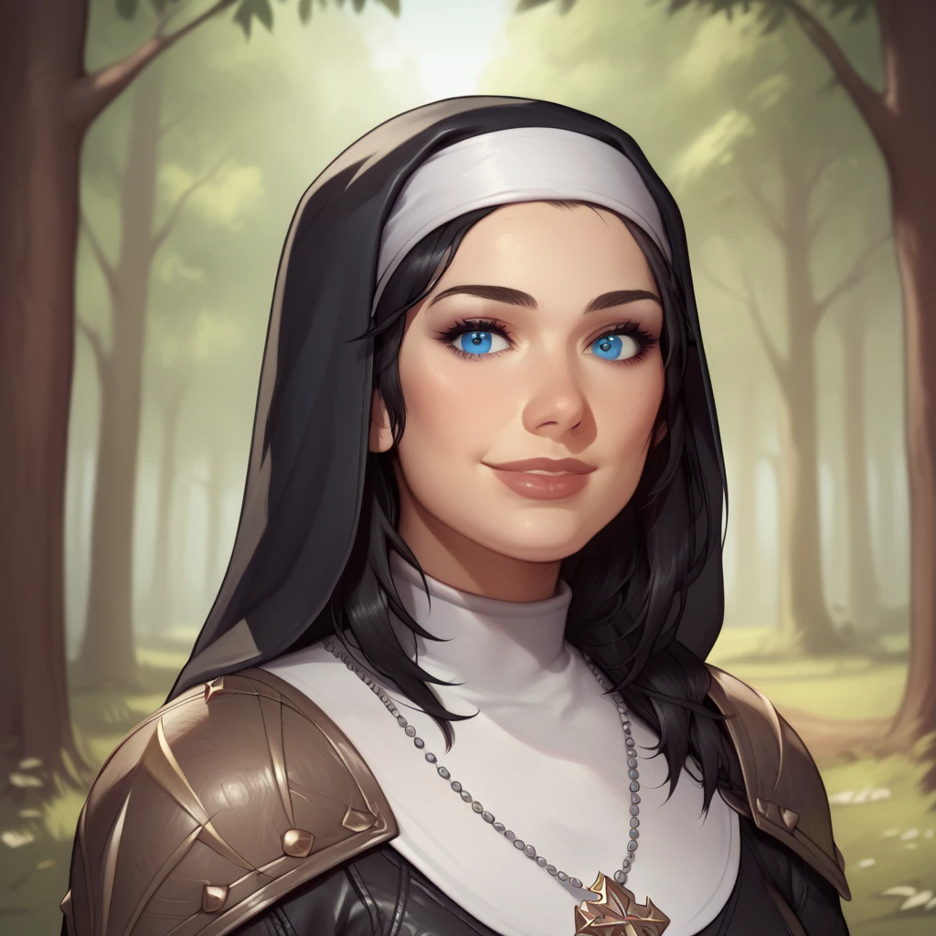 (((beautiful, high quality, comics style, detailed face))), score_9, score_8_up, score_7_up, BREAK, 1girl, duxlipa, warrior nun, small pointed ears, black hair, blue eyes, leather armor, leather shoulder pads, patterns on armor, simple pendant, nun veil, smile, docile, female focus, solo:1.4, portrait, upper body, portrait, looking at the viewer, forest background, fantasy, blurred background, Expressiveh, detailxl, DeepNegative_xl_v1