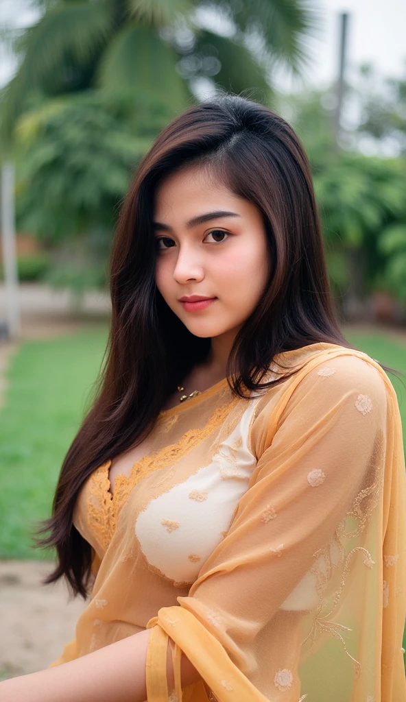 there is a woman with long black hair posing for a picture, young and cute girl, with cute - fine - face, attractive girl, 18 years old, 2 2 years old, 21 years old, girl cute-fine-face, very beautiful girl, cute beautiful, cute seductive smile, girl next door innocent look, with accurate face, indian, forest background, ((film grain, skin details, high detailed skin texture, 8k hdr, dslr)), photography taken by sony DSLR, Hd image