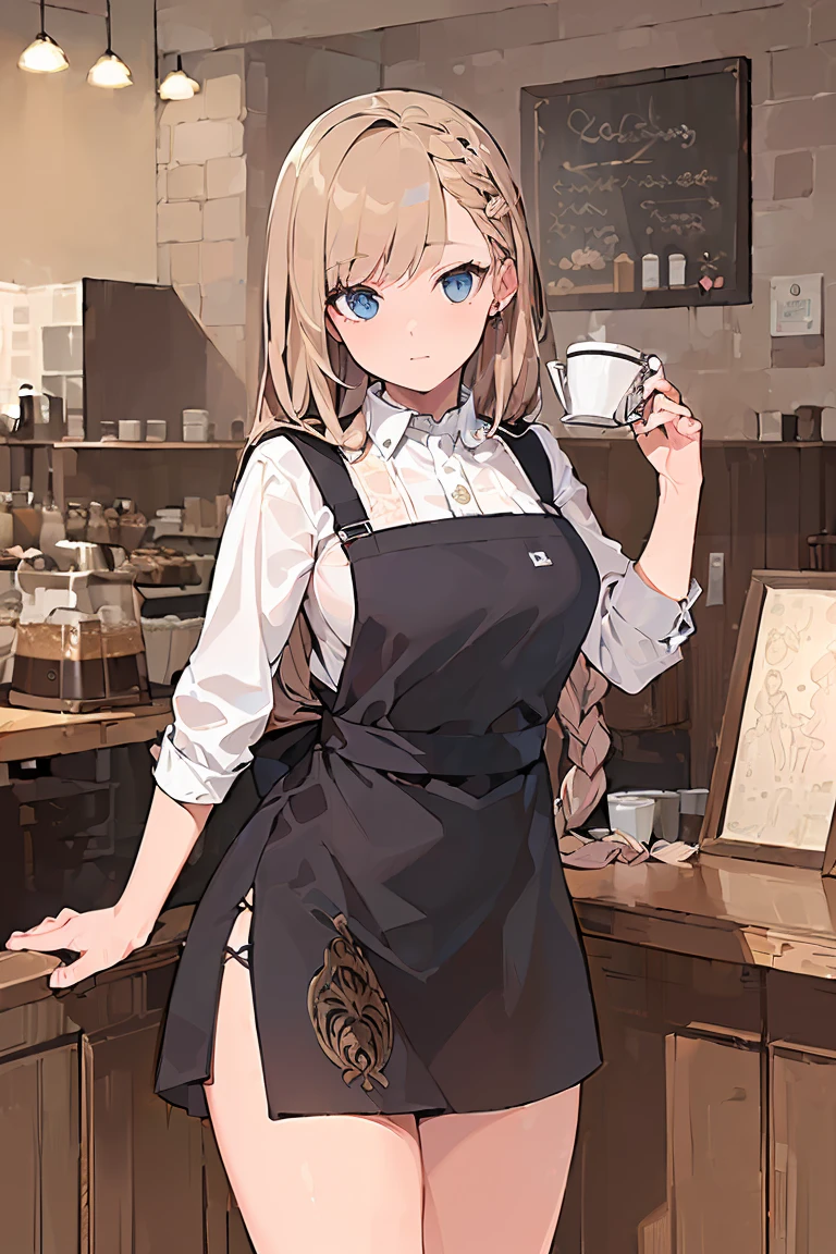 (((Best quality, 8k, Masterpiece: 1.3)), ((best quality)), ((masterpiece)), (detailed), perfect face, perfect body, (detailed skin:1.3), (intricate details), swept bangs, low-braided long hair, pinafore dress, cowboy shot, cafe, Cafe clerk, waitress