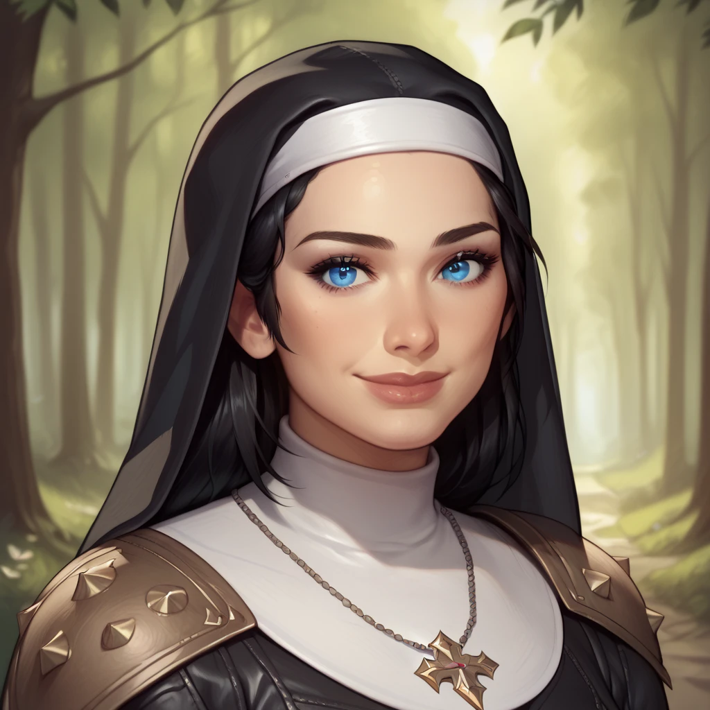 (((beautiful, high quality, comics style, detailed face))), score_9, score_8_up, score_7_up, BREAK, 1girl, duxlipa, warrior nun, small pointed ears, black hair, blue eyes, leather armor, leather shoulder pads, patterns on armor, simple pendant, nun veil, smile, docile, female focus, solo:1.4, portrait, upper body, portrait, looking at the viewer, forest background, fantasy, blurred background, Expressiveh, detailxl, DeepNegative_xl_v1