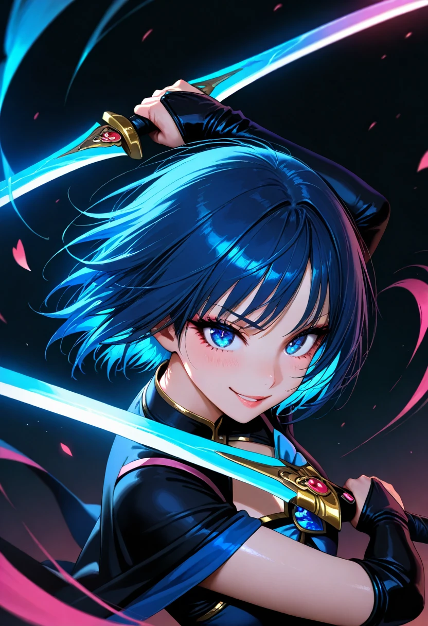 masterpiece, best quality, very aesthetic, dramatic lighting, 1 girl, solo, short cut blue hair, magical girl, beautiful detailed eyes, beautiful detailed lips, extremely detailed face and features, long eyelashes, smiling, dynamic pose, holding twin blades, swords