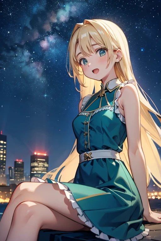 estilo mksks, ( very detailed background :1.0), ( Highly detailed background :1.0), 1 girl, bare shoulders, dress aqua, dress verde, sleeveless dress , dress, home,  long hair, night, night sky, open mouth,  outdoor,, sitting, sky, sleeveless, sleeveless dress, star (sky), starry sky, city, got old,  small breasts, ((white ruffles)), (dress branco)